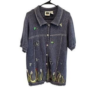 Vintage Womens Embroidered Sweater Cardigan Size 1X Grasshopper Floral Butterfly